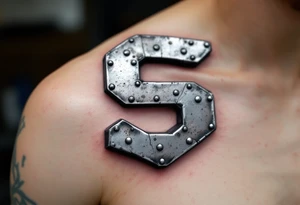 A sleek metallic silver "S" with rivets and industrial texture, like a forged steel emblem. tattoo idea