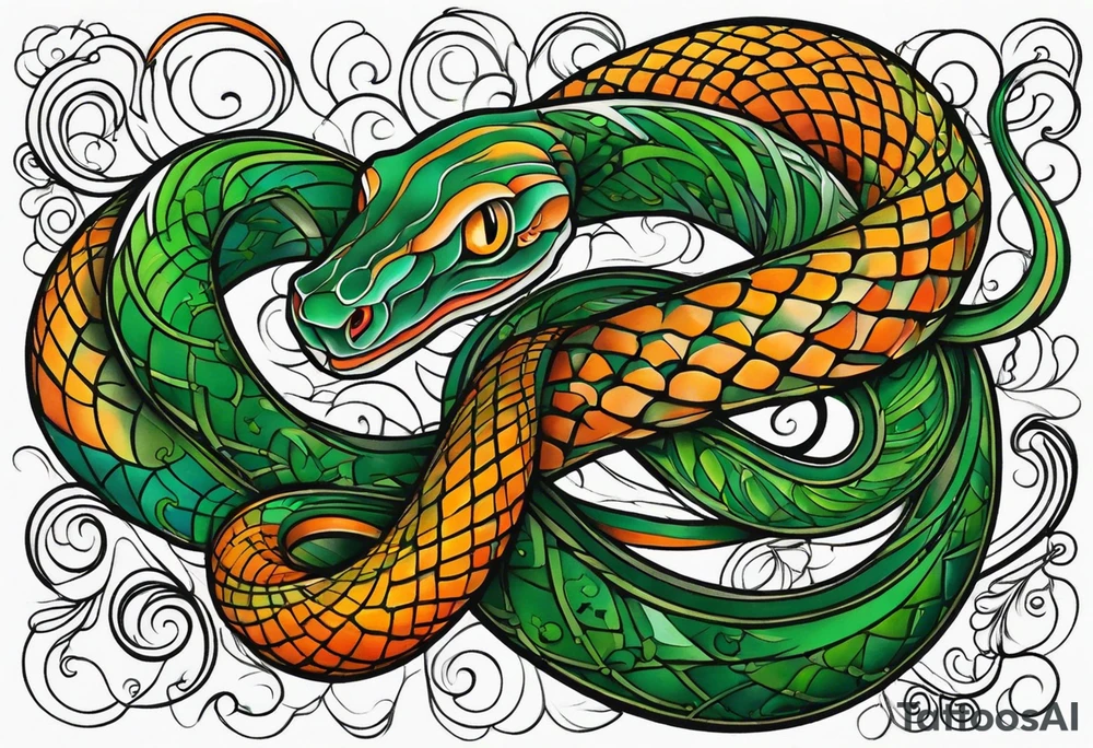 Long Snake  green orange tattoo idea