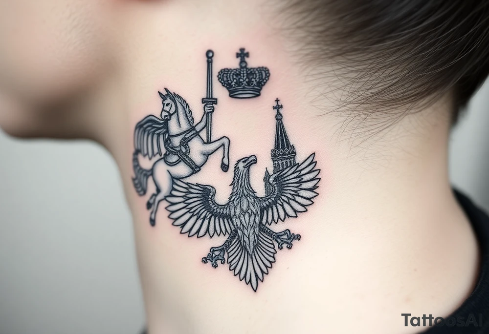 St. George slaying the dragon (hugely common in Russian Orthodox art)
Russian imperial crown above the eagle
Crossed swords or a Russian sabre
The Kremlin or St. Basil's Cathedral scene tattoo idea