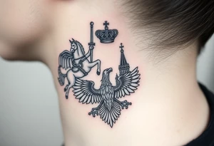 St. George slaying the dragon (hugely common in Russian Orthodox art)
Russian imperial crown above the eagle
Crossed swords or a Russian sabre
The Kremlin or St. Basil's Cathedral scene tattoo idea