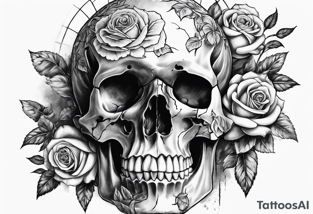 Gladius through broken skull with roses tattoo idea