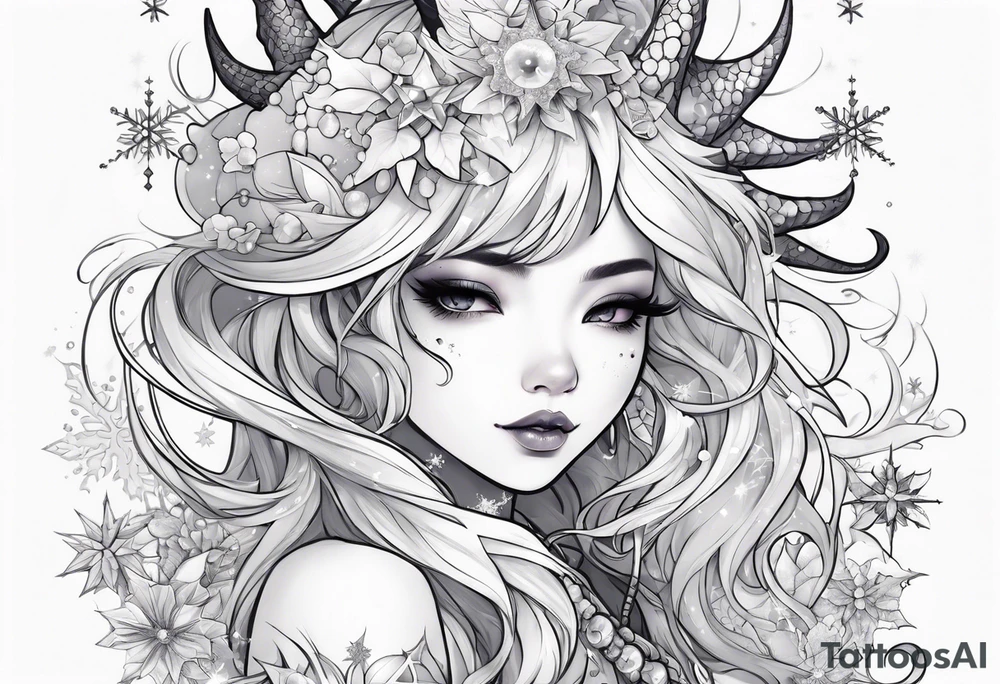 Constellation, kawaii dragon girl , snowflake tattoo idea