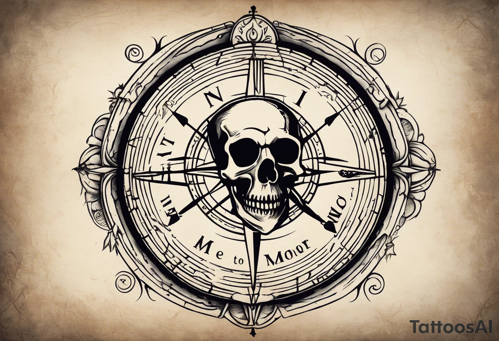 I want it to be a half-sleeve to go from shoulder to elbow. The centerpiece would be the "Memento Mori" phrase in bold traditional lettering, with a skull and hourglass design representing death and the passage of time. Surrounding the Memento Mori design, incorporate a traditional nautical compass to symbolize guidance, adventure and your life's journey. Add nautical ropes, an anchor, and ocean waves to reinforce the seafaring theme. On the shoulder area, include traditional tattoo imagery of a guitar intertwined with roses to represent your love of rock music. The roses could have a skull design in the center to tie into the Memento Mori theme. On the elbow area, feature classic hot rod flames licking up the forearm in the traditional bold style. You could include piston designs or other car elements within the flames. tattoo idea
