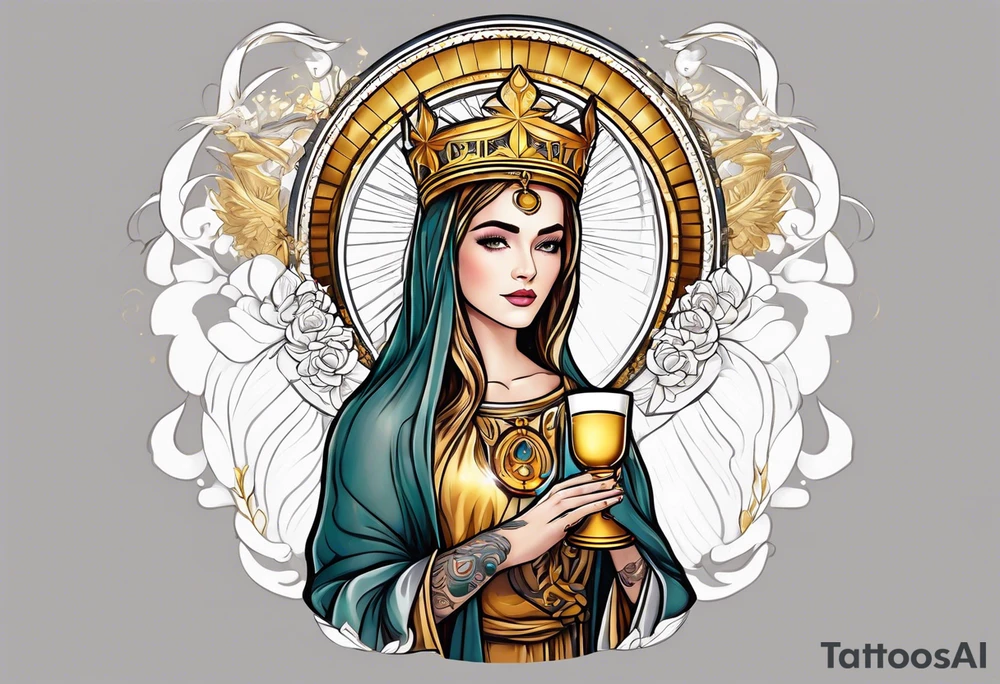 woman saint holding chalice surrounded by golden halo tattoo idea