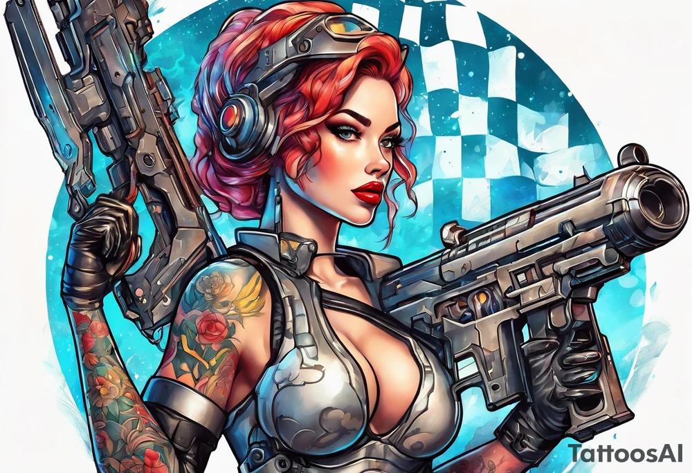 cyborg pinup girl holding massive weapon, retro futurism tattoo idea