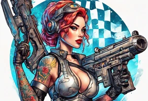 cyborg pinup girl holding massive weapon, retro futurism tattoo idea