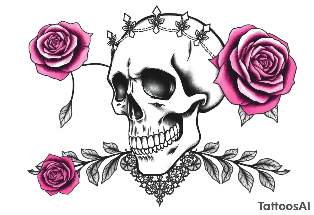 Bold vibrant gothic skull but also elegant and majestic wearing a rose crown also lace underneath tattoo idea