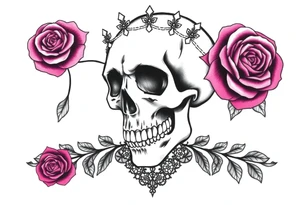 Bold vibrant gothic skull but also elegant and majestic wearing a rose crown also lace underneath tattoo idea