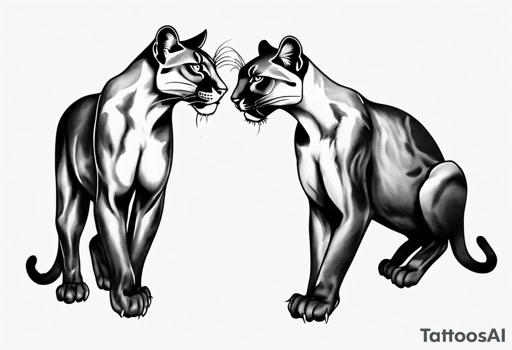 Two black pumas walking past each other and looking at each other, seen from above tattoo idea