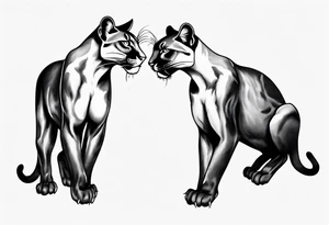 Two black pumas walking past each other and looking at each other, seen from above tattoo idea