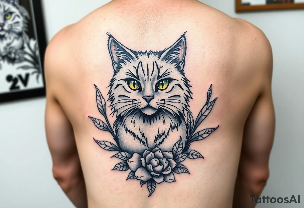 6x6 cartoon style tattoo for back of thigh of along haired grey cat with green eyes surrounded by house plants tattoo idea