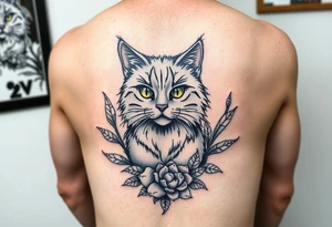 6x6 cartoon style tattoo for back of thigh of along haired grey cat with green eyes surrounded by house plants tattoo idea