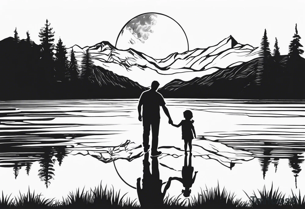 Father in between 6 year old daughter and 2 year old son. Standing in front of water with their reflection in the water behind them with tree and mountains in front of them. Moon in the sky reflecting in the water. tattoo idea