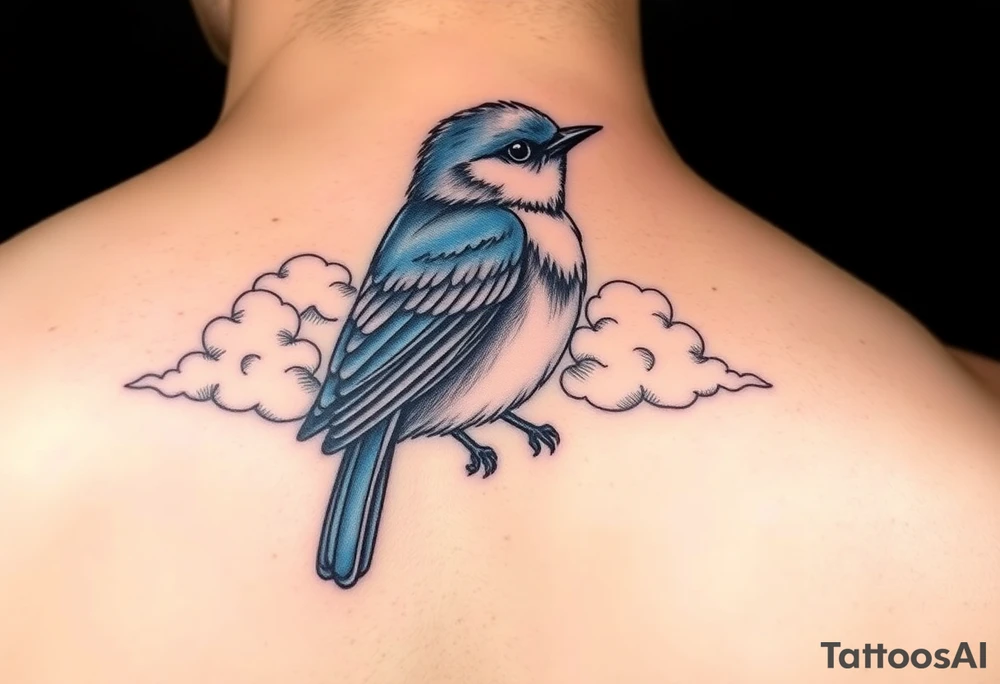 Kentucky bluebird with realistic clouds tattoo idea