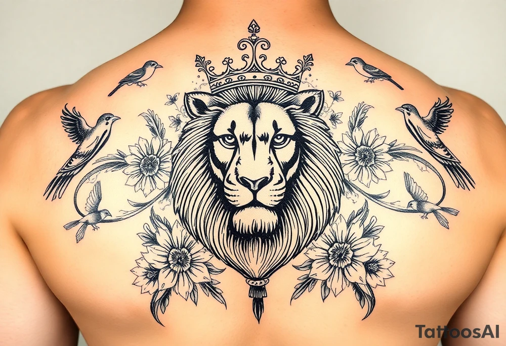 powerful majestic lion with a crown, surrounded by floral ornaments and birds tattoo idea