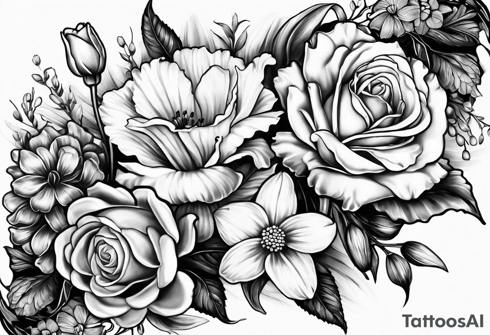 Two roses, two daisies, one daffodil, one chrysanthemum, one gladiolus, one lily of the valley tattoo idea