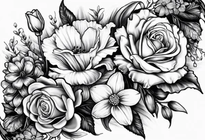 Two roses, two daisies, one daffodil, one chrysanthemum, one gladiolus, one lily of the valley tattoo idea