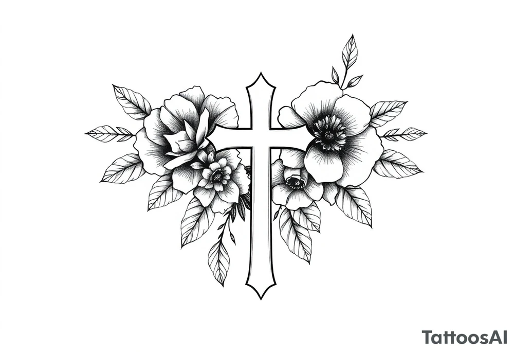 Black and white floral tattoo hip tattoo with a cross tattoo idea