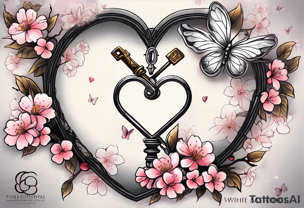 Cherry Blossom Tattoo with a key that unlocks a heart surrounded by white butterflies and in a golden aura tattoo idea