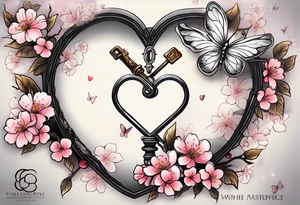 Cherry Blossom Tattoo with a key that unlocks a heart surrounded by white butterflies and in a golden aura tattoo idea