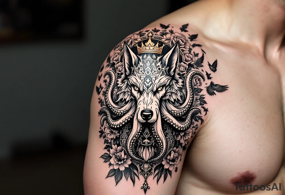 powerful majestic wolf octopus with a crown, surrounded by floral ornaments and birds tattoo idea