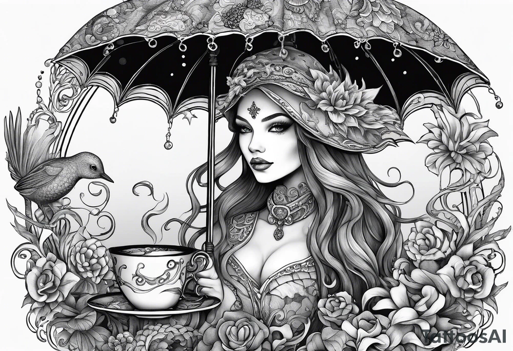 A beautiful sea witch with tentacles that incorporates a teacup, an umbrella, a yellow bird, and a gingerbread boy tattoo idea