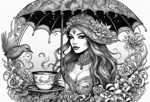A beautiful sea witch with tentacles that incorporates a teacup, an umbrella, a yellow bird, and a gingerbread boy tattoo idea