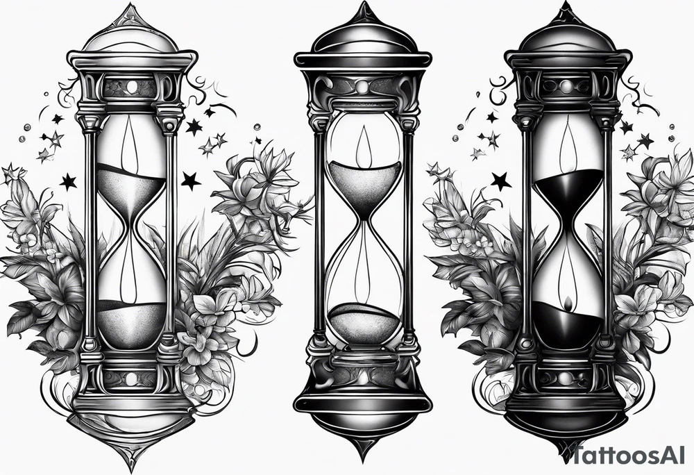 hourglass with vegetation, stars and hydrogen atoms tattoo idea