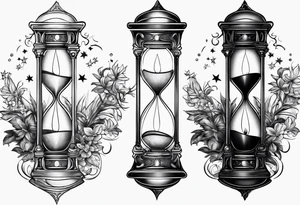 hourglass with vegetation, stars and hydrogen atoms tattoo idea