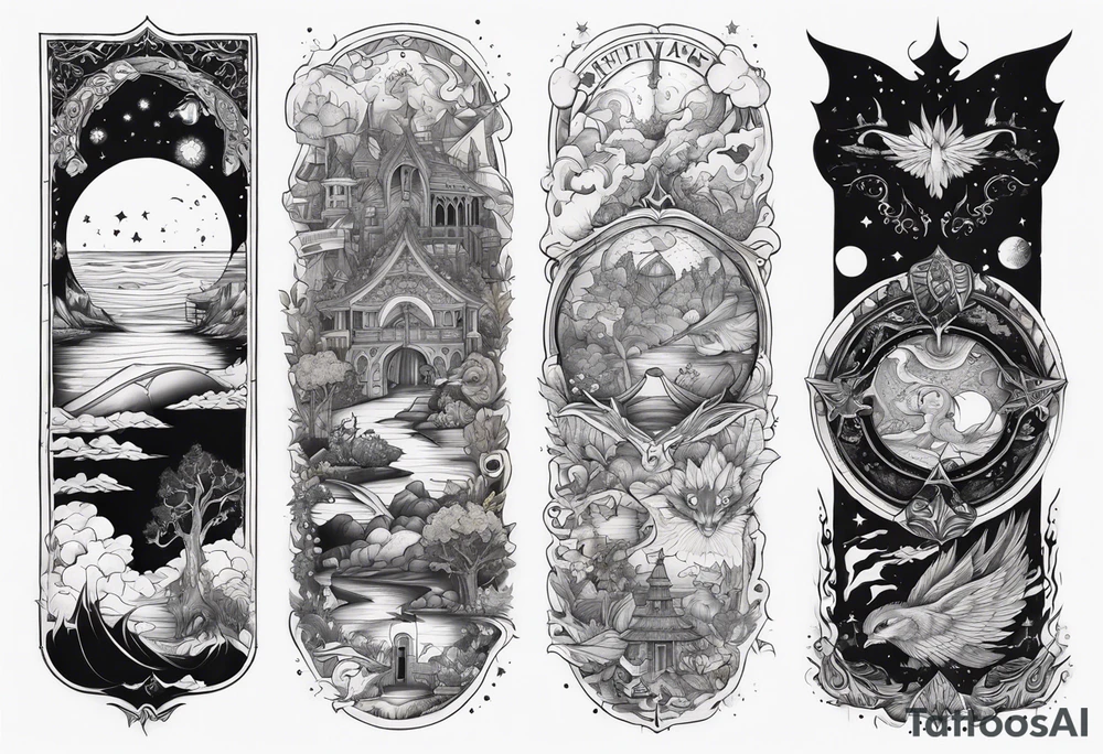 Fantasy story collage tattoo sleeve tattoo idea