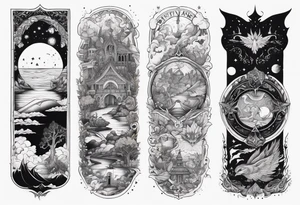 Fantasy story collage tattoo sleeve tattoo idea