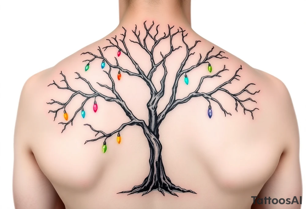 An eerie tree made out of human bones. The bigger the branches, the bigger the bones, so small branches will be hand and finger bones. There are also glass lights hanging throughout the tree and the lights are all colors of the rainbow. So this eerie tree is still somewhat beautiful tattoo idea