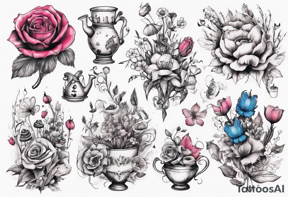 bouquet of Alice in wonderland flowers tattoo idea