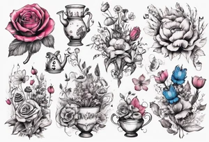 bouquet of Alice in wonderland flowers tattoo idea