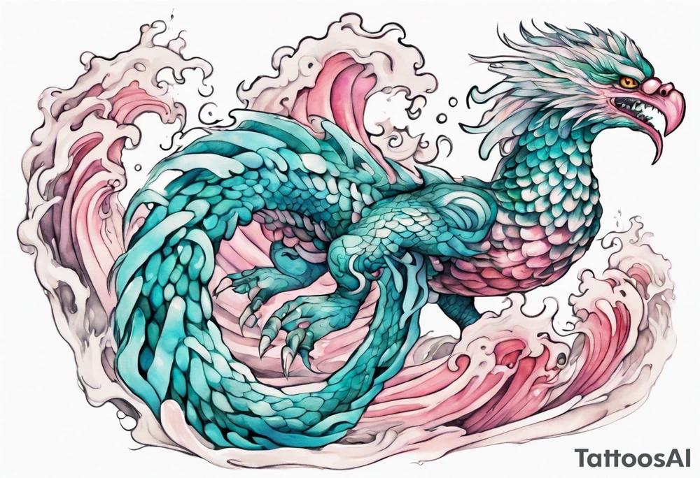 a turquoise and white and pink sea Quetzalcoatl with beautiful eyes emerging from the blue waves of the ocean tattoo idea