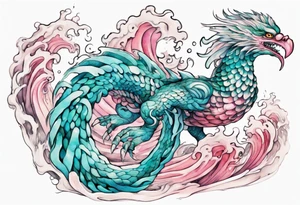 a turquoise and white and pink sea Quetzalcoatl with beautiful eyes emerging from the blue waves of the ocean tattoo idea