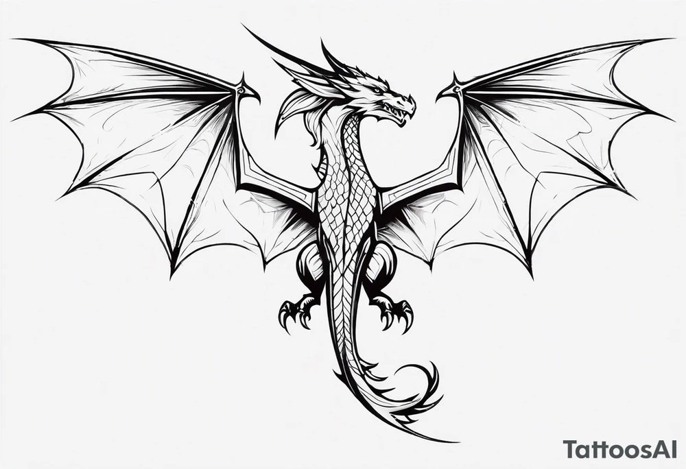 Symmetrical, Realistic dragon, facing forward. With both wings spread out. Torn look to wings. Tails wraps down and has a morning star weapon at the end of tail. The tattoo would be suitable for the centre of a chest tattoo idea