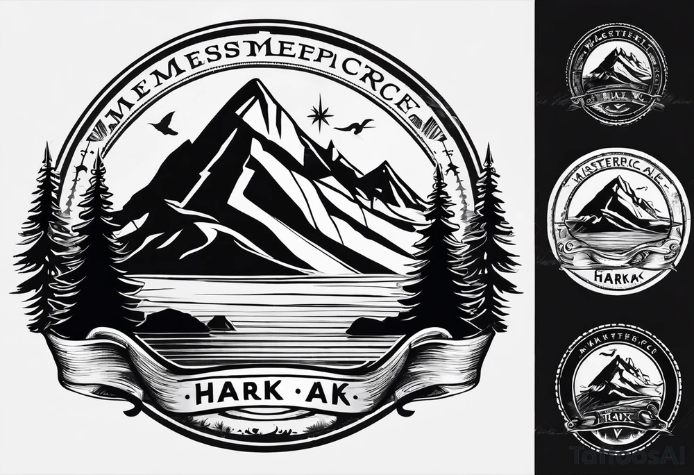 The word "HARK" as a banner with a mountain, a carabiner, compass, and a lake and pontoon in a circular design tattoo idea