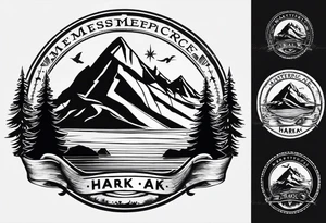 The word "HARK" as a banner with a mountain, a carabiner, compass, and a lake and pontoon in a circular design tattoo idea