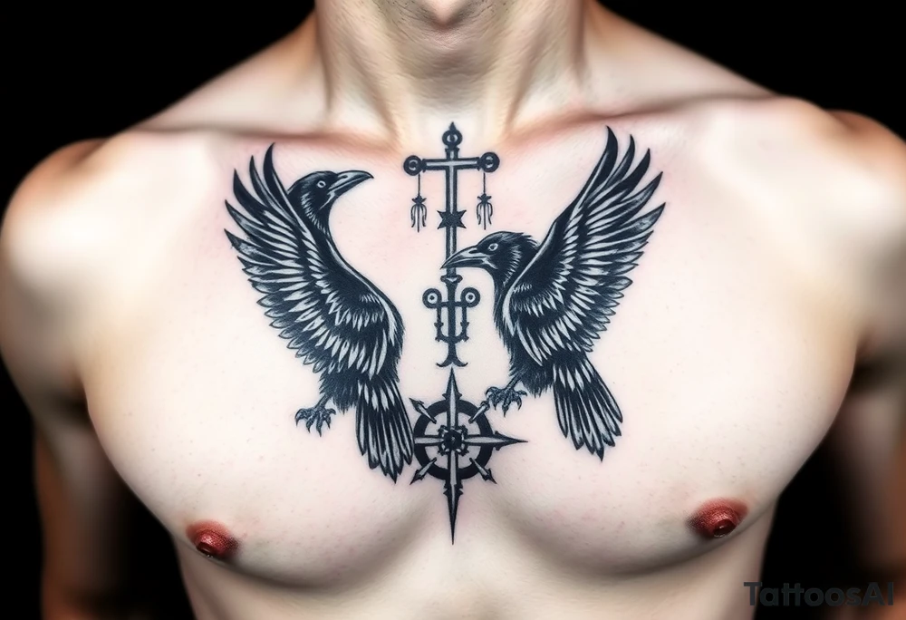 Chest tattoo, two ravens and icelandic symbols, dark brest tattoo tattoo idea