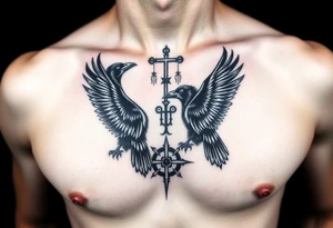 Chest tattoo, two ravens and icelandic symbols, dark brest tattoo tattoo idea