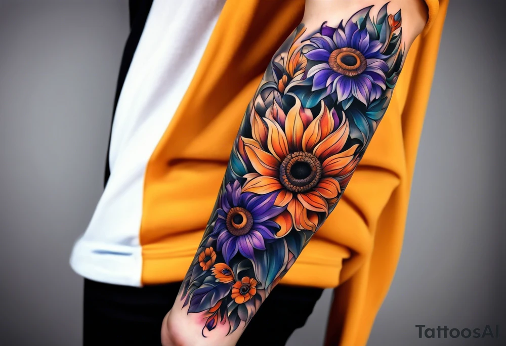 Full leg sleeve with purple, orange and blue sunflowers tattoo idea