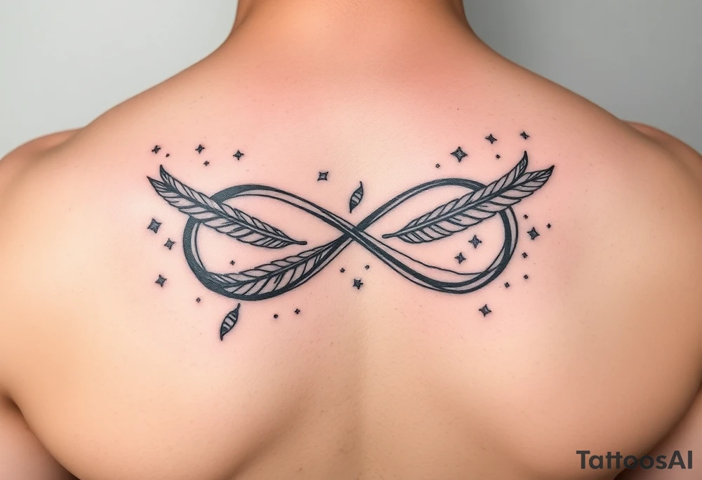 infinity symbol woven with floating feathers and stardust tattoo idea