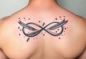 infinity symbol woven with floating feathers and stardust tattoo idea