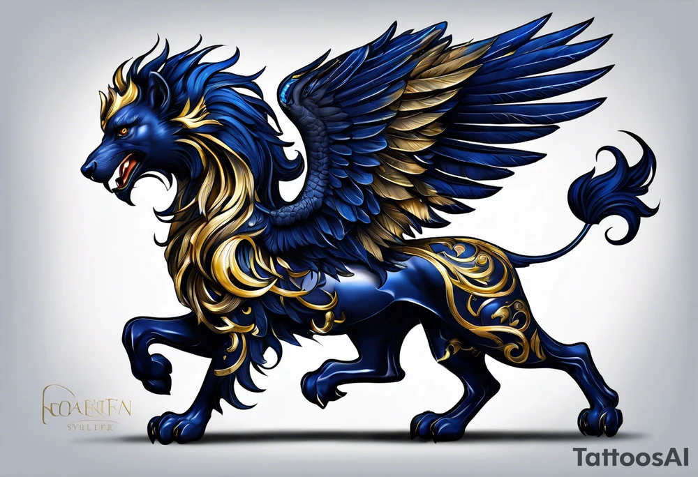 Dark blue, almost black matallic griffin with golden and silver accents. tattoo idea