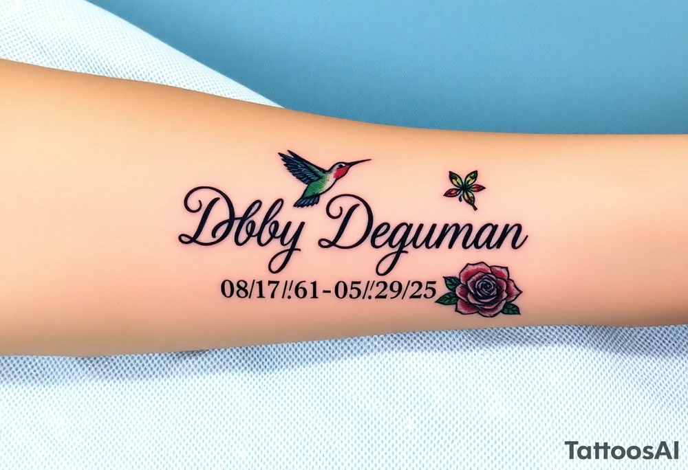 Tattoo of the exact name Debby Deguzman in chunky bold curly cursive with the exact dates of 08/17/61-05/29/25 surrounded by 1 hummingbird and 1 rose tattoo idea