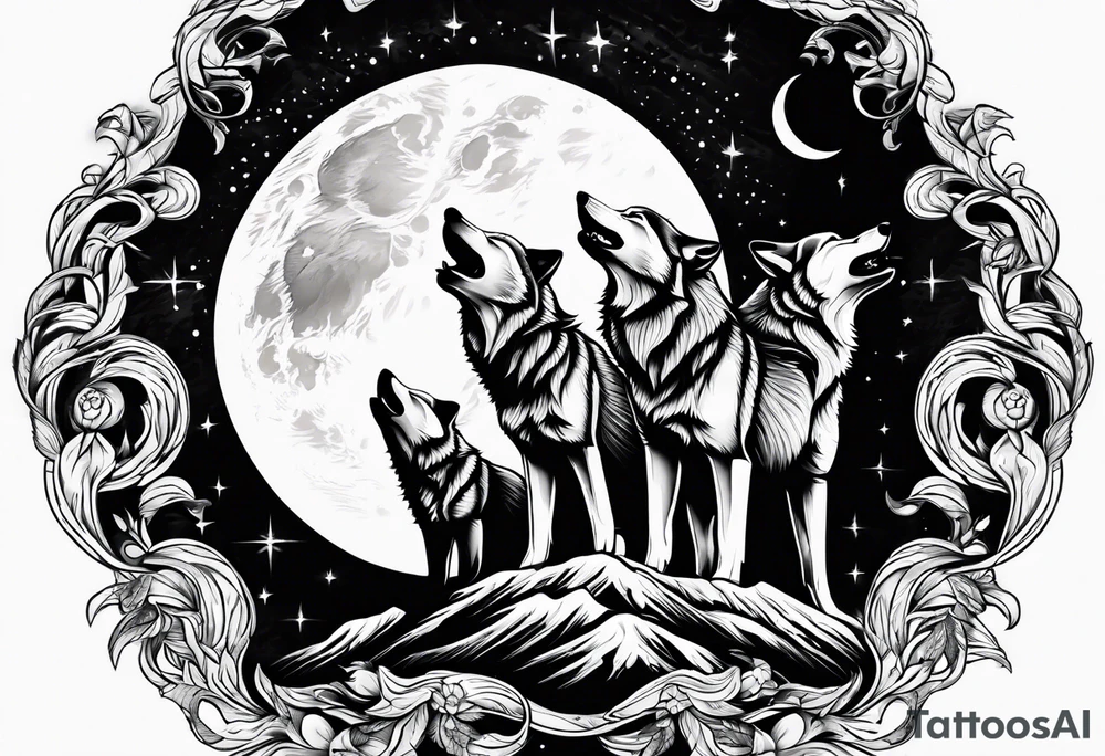 Wolfs and 4 cubs howling at moon tattoo idea