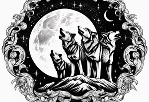 Wolfs and 4 cubs howling at moon tattoo idea