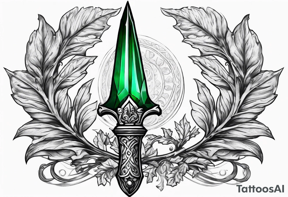 Athame dagger with an oak hilt turned upright and emerald gemstones tattoo idea