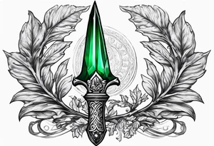 Athame dagger with an oak hilt turned upright and emerald gemstones tattoo idea